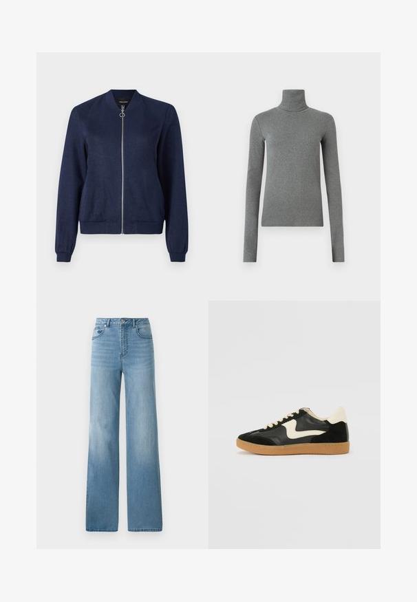 Jaqueta bomb navy blue com um fecho de prata e puxador redondo, apresentando punhos e cintura canelados, em fundo branco liso.; Camisola de gola alta cinza feita de um tecido liso e elástico. Mangas compridas, design ajustado, textura mínima, sem padrões ou acessórios visíveis.; Jeans de cintura alta azul clara com um design de perna reta. Feitos em denim, com cinco bolsos e fecho de botão.; Sapatilha em camurça e couro pretos com um swoosh lateral em creme e um calcanhar em creme claro. Apresenta atacadores bege e uma sola de borracha tipo gum.