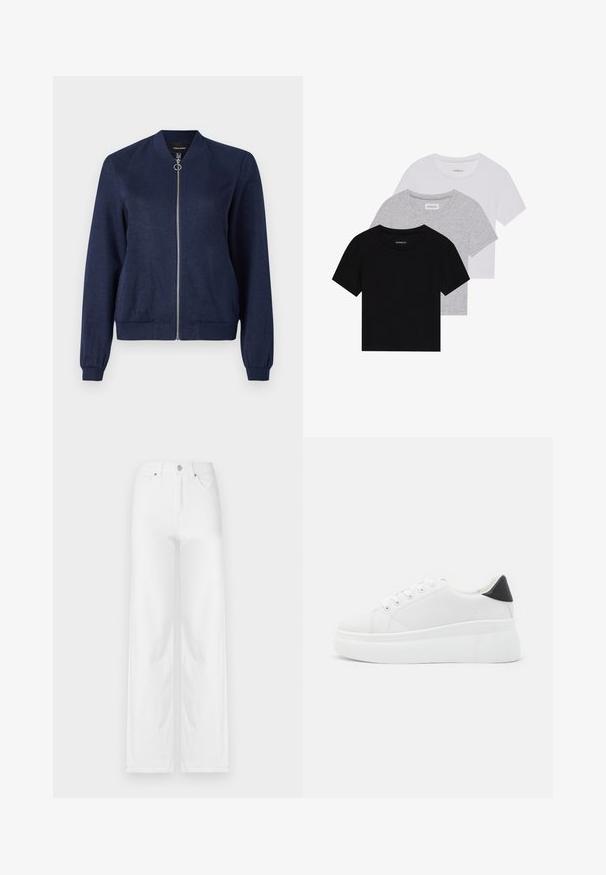 Jūras zila bumbas jakas ar sudraba rāvējslēdzēju un apaļu pievelkošo cilni, ar ribotām aprocēm un jostasvietu, uz vienkrāsaina balta fona.; Trīs īsām piedurknēm T-krekli melnā, pelēkā un baltā krāsā. Izgatavoti no kokvilnas, ar apaļu kakla izgriezumu un vienkāršu, viendabīgu krāsas dizainu.; Baltas plaša kāju džinsi no denima, ar priekšējo pogu aizdari, jostas cilpām un četrām kabatām ar gludu, tīru tekstūru.; Baltas platforma kedas, izgatavotas no gludas sintētiskas vielas, ar noapaļotu purngalu, saites dizainu un teksturētu gumijas zoli. Melna papēža akcenta detaļa.