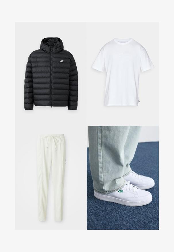 Casaco puffer preto com capuz, apresentando fecho de correr na frente, textura acolchoada e logótipo da New Balance no lado esquerdo do peito. Material suave e leve.; T-shirt de algodão branco com mangas curtas e decote redondo. Apresenta um pequeno e discreto logótipo da Nike no peito e uma etiqueta lateral.; Calças jogger slim-fit brancas com cintura elástica e cordão, apresentando detalhes nas costuras laterais e um pequeno patch preto na perna direita.; Tênis de couro brancos com logo verde da Nike, bico redondo, sola plana, combinados com calças de denim azul claro, exibidos sobre um tapete azul.