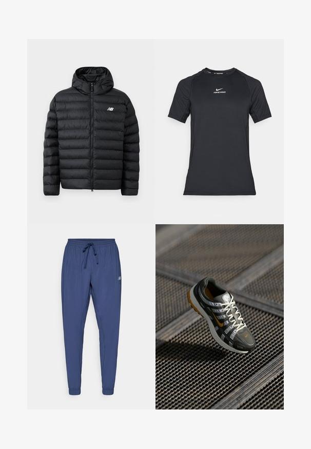 Černá péřová bunda s kapucí, se zipem vpředu, prošívanou texturou a logem New Balance na levé hrudi. Hladký, lehký materiál.; Černé atletické kompresní tričko s krátkým rukávem Nike Pro s bílým logem Nike umístěným na hrudi.; Námořnické modré sportovní kalhoty s elastickým pasem, šňůrkou na stažení a zúženými manžetami. Obsahují boční kapsy a malé logo na jedné nohavici.; Běžecká obuv Nike s šedým síťovaným svrškem, bílými akcenty a jasně oranžovým logem. Obsahuje texturovanou podrážku a polstrovaný design.