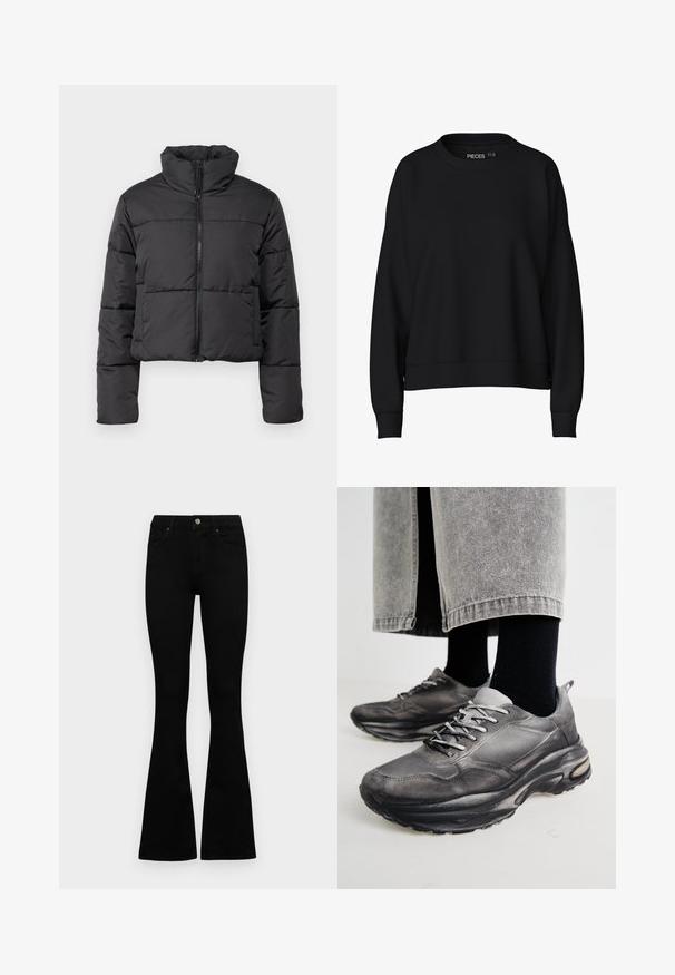 Svart avkortet pufferjakke med høy krage, frontglidelås og horisontal sømdetalj. Laget av quiltet, lett materiale.; Svart hettegenser med rund hals, senkede skuldre og ribbede mansjetter. Laget av et mykt, glatt stoff. Enkelt design, uten mønstre.; Sorte høytlivsjeans med knapp og glidelås, frontlommer og utsvingte bein liggende flatt på en hvit bakgrunn.; Sorte og grå treningssko har en mesh-overdel, tykke såler og snøring. De har en rund tå og synlige dempe detaljer.