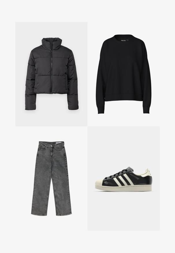 Casaco puffer cropped preto com gola alta, zíper frontal e detalhes em costura horizontal. Confeccionado em material acolchoado e leve.; Sweatshirt preto com decote redondo, ombros caídos e punhos canelados. Feito de um tecido suave e liso. Design simples, sem padrões.; Jeans retos pretos de cintura alta, com revestimento desgastado, bolsos frontais, passantes para cinto, fechamento com botão e etiqueta de marca na faixa interna.; Sapatilha de couro preto com riscas brancas, biqueira de borracha, atacadores pretos e sola na cor creme. Textura suave com acabamento brilhante.