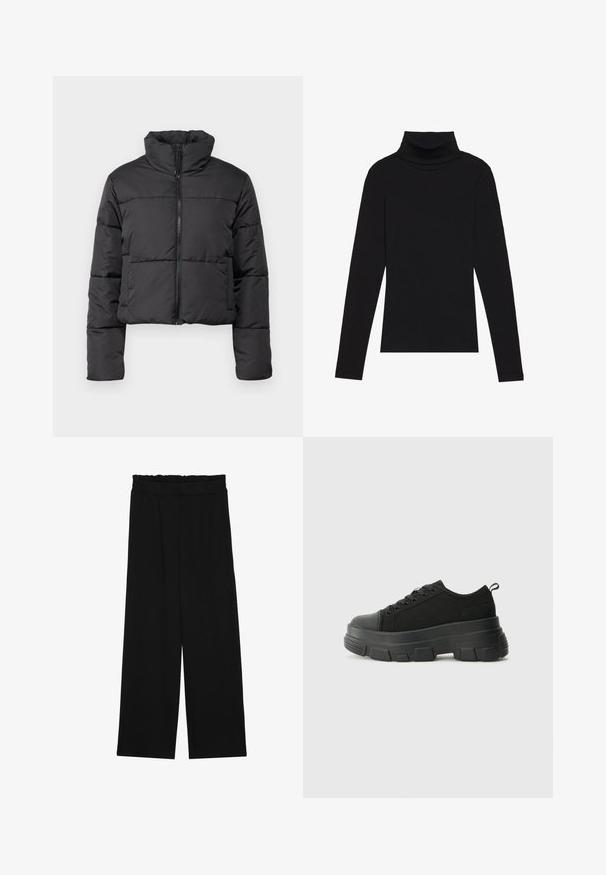 Črna skrajšana puhovka z visokim ovratnikom, sprednjim zadrgo in horizontalnimi šivi. Narejena iz prešitega, lahkega materiala.; Črna majica s puloverjem in dolgimi rokavi, izdelana iz rebraste tkanine, ima prilegan kroj s visokim ovratnikom in brez vzorcev ali okrasnih elementov.; Črne široke hlače s nabranim pasom, ki imajo dva stranska žepa in so izdelane iz gladkega, lahkega blaga. Brez vidnih vzorcev ali kovinskega okova.; Črne teniske z debelim gumijastim podplatom, zgornji del iz teksturirane tkanine, okrogla punta in zavezovanje z vrvicami. Vključujejo ojačane luknje za vrvice in zanko na hrbtu.