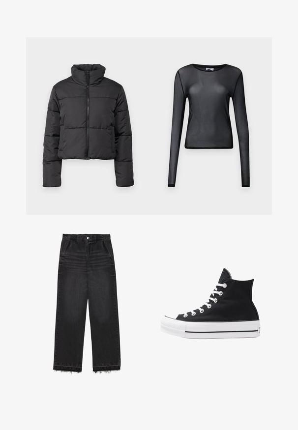 Juoda trumpa pūkinė striukė su aukštu apykakle, priekiniais užtrauktukais ir horizontaliais siūlių akcentais. Pagaminta iš lengvos, užpildytos medžiagos.; Juodas ilgomis rankovėmis viršutinis drabužis, pagamintas iš permatomo audinio, su apvalia iškirpte ir siauru šonu, puikiai apdirbtomis kraštinėmis.; Juodi džinsai su tiesiomis kojomis. Klasikinio aukšto liemens, su nutrintais kraštais ir švelniu nublukusiu tekstūru visame paviršiuje. Įtraukti priekinių kišenių.; Juodos aukštos kanvas sportbačiai su baltais akių angomis, raišteliais ir guma padais. Yra tekstūruotas pirštų gaubtas ir juodai baltos juostos akcentai.