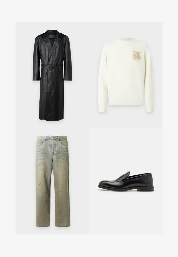Abrigo de cuero negro con diseño de doble botonadura, cintura ceñida con cinturón y hombreras. Textura suave y largo hasta las rodillas.; Suéter de cuello redondo crema con mangas largas y un pequeño gráfico de cabeza de zorro beige en el lado izquierdo del pecho, puños y dobladillo acanalados.; Jeans de mezclilla desgastados en verde claro, con corte recto, diseño de cinco bolsillos y decoloración desigual con manchas de pintura.; Mocasines de cuero negro con una textura suave, puntera redondeada y una tira decorativa en el empeine. Tacón bajo apilado, diseño minimalista.
