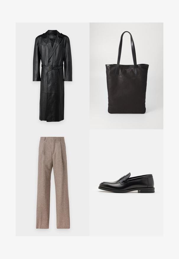 Fekete bőr trench kabát, dupla gombolású kialakítással, övvel ellátott derékkal és vállpántokkal. Simább textúrájú, térd hosszúságú.; Fehér gombos ing, gallérral, finom függőleges csíkokkal, hosszú ujjal, mellzsebekkel és klasszikus kerekített aljjal.; Barna, magas derekú nadrág texturált anyagból. Széles szárai és két elülső redője biztosítja a struktúrát. Ízléses kivitel, látható fémszerelés nélkül.; Fekete bőr loaferek sima textúrával, kerek orral és dekoratív pánttal a vampnál. Alacsony, rétegelt sarkú, minimalista dizájn.; Fekete vászontáska fekete bőr füllel. Egyszerű dizájn, tágas test és sima textúra. Nincsenek látható logók vagy minták.