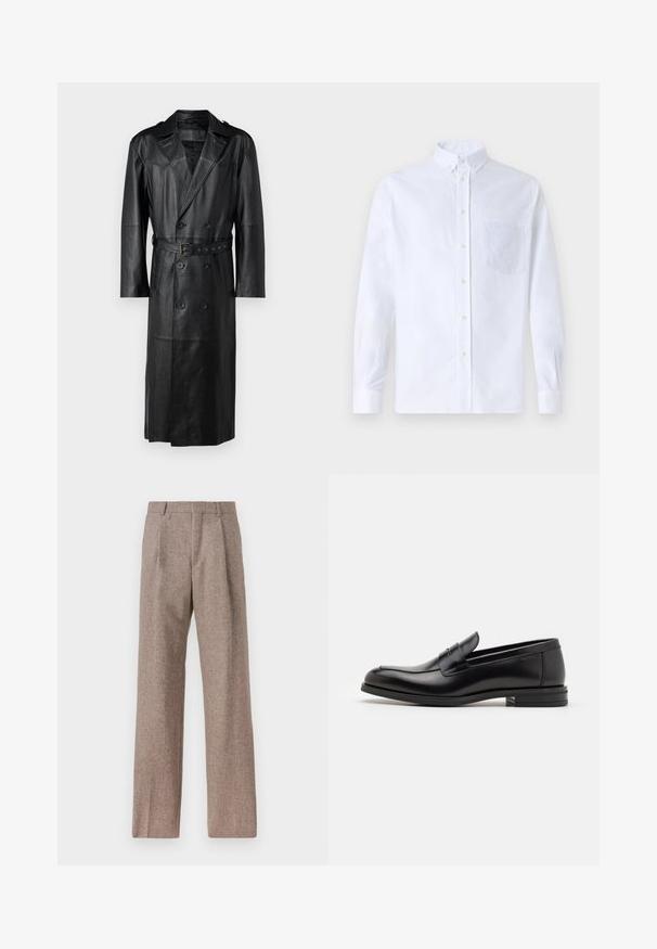 Schwarzer Leder-Trenchcoat mit einem doppelt knöpfbaren Design, tailliertem Gürtel und Schulterklappen. Glatte Textur und knielang.; Weißes Langarm-Hemd mit Knöpfen aus Baumwolle, ausgestattet mit einer Brusttasche mit tonalem Stickerei, einem Kragen und Knopfmanschetten.; Braune, hochtaillierte Hose aus strukturiertem Stoff. Mit weitem Bein und zwei vorderen Bügelfalten für zusätzliche Form. Saubere Verarbeitung ohne sichtbare Hardware.; Schwarze Lederloafers mit glatter Textur, rundem Zehenbereich und einem dekorativen Riemen über dem Vorderfuß. Niedriger, gestapelter Absatz, minimalistisches Design.