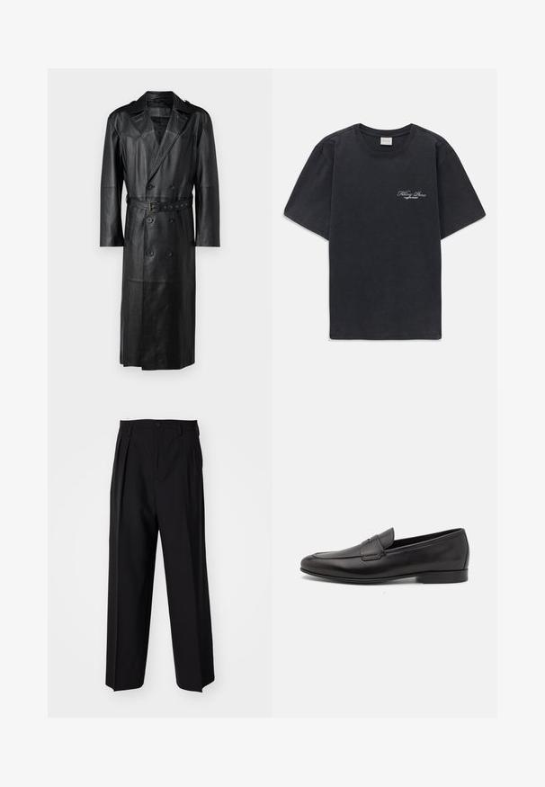 Sort læder trenchcoat med dobbeltbrystet design, bælte i taljen og skulderepauleter. Glat tekstur og knælang.; Sort kortærmet t-shirt med rund hals og lille hvidt "Filling Pieces" tekstlogo på venstre bryst.; Sorte plisserede bukser med et lige, bred ben-design. Fremstillet af glat stof, med en knaplukning og bæltesløjfer.; Sort læder herre loafers med lav hæl og et klassisk penny strap design, vist i sideprofil på en hvid baggrund.