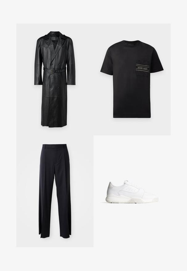 Sort læder trenchcoat med dobbeltbrystet design, bælte i taljen og skulderepauleter. Glat tekstur og knælang.; Sort kortærmet t-shirt lavet af bomuld, der har en nærbillede brystlomme med et logo og to vandrette striber i hvid og guld.; Sorte, højtaljede bukser med vide ben, lavet af glat stof. Har frontfolder og bæltestropper. Minimalistisk design, ingen synlige hårde detaljer.; Hvid atletisk sneakers med en struktureret læderoverdel, rund tå og en tyk gummisål med et rillemønster for bedre greb.