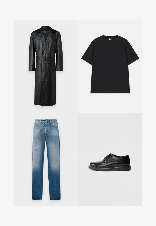 Crni kožni kaput do koljena s dvostrukim kopčanjem, remenom u struku i epauletima na ramenima. Glatka tekstura.; Crna kratkotrajna majica s kratkim rukavima od pamuka, s okruglim izrezom i malim logotipom blizu rubova. Glatka tekstura, klasičan kroj.; Svijetloplave traperice s ravnim nogavicama, izblijeđene oprane i s dva vodoravna šava. Ima pet džepova i kopčanje na gumb.; Crne kožne vezice Oxford cipele s debelim potplatima i utisnutim natpisom "WATERMAN" sa strane, prikazane s profila na svijetlosivoj pozadini.