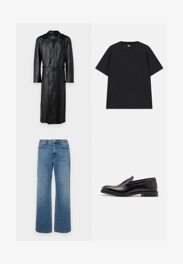 Fekete bőr trench kabát, dupla gombolású kialakítással, övvel ellátott derékkal és vállpántokkal. Simább textúrájú, térd hosszúságú.; Fekete, rövid ujjú pamut póló, kerek nyakkivágással és egy kis logórészlettel az alján. Sima textúra, normál szabás.; Széles lábú, koptatott kék farmernadrág. Öt zsebből, elülső gombos záródásból és egyenes szabásból áll.; Fekete bőr loaferek sima textúrával, kerek orral és dekoratív pánttal a vampnál. Alacsony, rétegelt sarkú, minimalista dizájn.