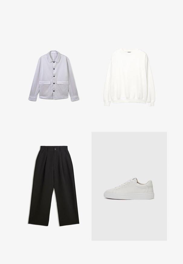 Light gray button-up jacket with a classic collar, long sleeves, two front pockets, and black buttons. Smooth texture, minimal design.; White sweatshirt, crew neck, long sleeves, relaxed fit. Soft fabric with ribbed cuffs and hem. Minimalist design, no visible logos or patterns.; Black trousers with a relaxed fit, featuring pleats at the front, side pockets, and a button closure. Made from textured fabric.; White leather low-top sneakers with a round toe, flat white rubber sole, and minimalistic stitching detail. Laces secured through six eyelets.