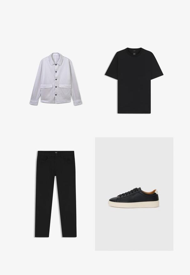 Helle graue Knopfjacket mit einem klassischen Kragen, langen Ärmeln, zwei Fronttaschen und schwarzen Knöpfen. Glatte Textur, minimalistisches Design.; Schwarz T-Shirt mit kurzen Ärmeln aus einem glatten Baumwollmix, mit Rundhalsausschnitt und einem minimalistischen Design ohne Muster oder Akzente.; Schwarze Denim-Hosen mit geradem Schnitt, ausgestattet mit einem Standardbund, fünf Taschen und einem Knopfverschluss. Angenehme, glatte Textur.; Schwarze Ledersneaker mit glatter Textur, beiger Gummisohle, Schnürdesign und einem kontrastierenden Fersenakzent.