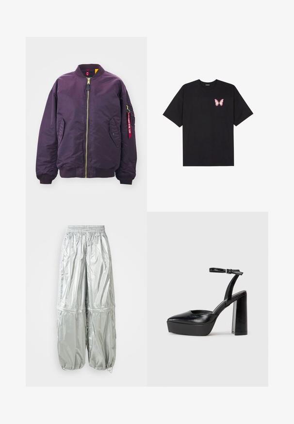 Alpha Industries CORE - Bomber jakna - plum; Črna bombažna majica s kratkimi rokavi, ki ima majhen roza metuljček na levi strani prsnega dela. Majica s krožnim ovratnikom in sproščenim krojem.; Svetlo sive lahke cargo hlače z sijočo teksturo, elastičnim pasom, nabranimi manšetami in dvema velikima sprednjima žepoma.; Črne platforme z visokimi petami in koničastim nosom ter nastavljivim gležnjenjskim trakom. Narejene iz gladke usnje, s kockasto peto.