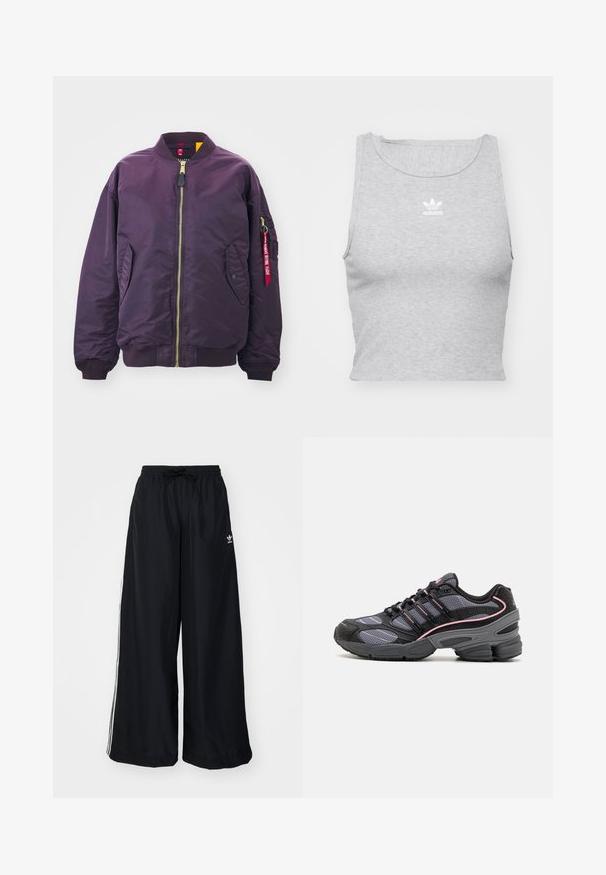 Alpha Industries CORE - Pilotska jakna - plum; Sivi kratki crop top bez rukava od mekog materijala, sa okruglim izrezom i malim bijelim Adidas logotipom na prsima.; Crne široke hlače od lagane tkanine. Imaju elastičnu struk i vezicu, a s donje strane su ukrašene bijelim trakama. Logo branda se nalazi na kukovima.; Crne i sive atletske cipele s mrežastim panelima, ružičastim akcentima i robustnim dizajnom potplata. Imaju vezice i detalje od teksturiranog materijala.
