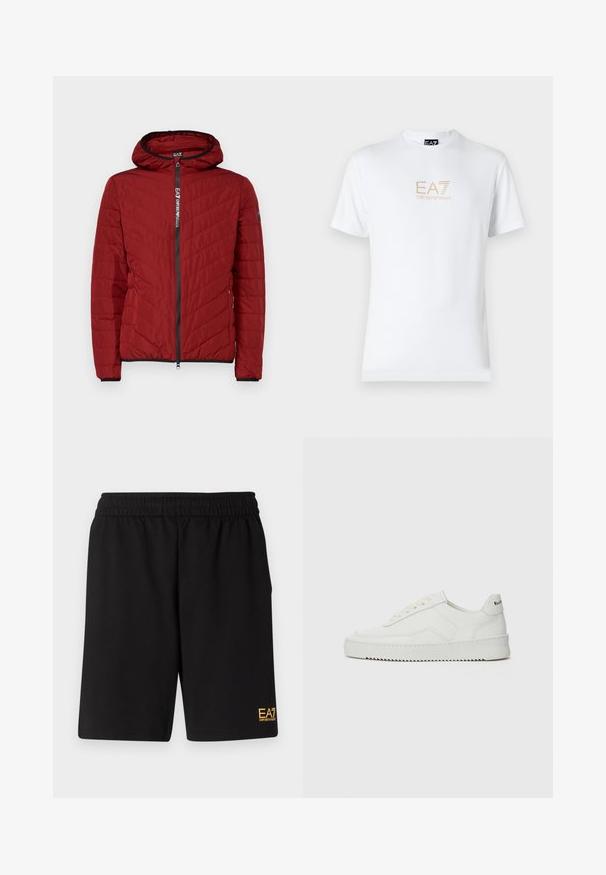 Röd vadderad jacka med huva, med diagonalt quiltat mönster, en framzipper och svarta detaljer vid dragkedjan och ärmsluten.; Vit bomull t-shirt med rund halsringning och korta ärmar, med en guld EA7 Emporio Armani-logotyp tryckt på framsidan.; Svarta träningsshorts i mjukt tyg, med ett elastiskt midjeband och en liten gul EA7-logotyp på nedre vänstra benet.; Vita lädersneakers med en jämn yta, rund tå, platta snörningar och en strukturerad sula. Har en diskret logotyp på hälen.