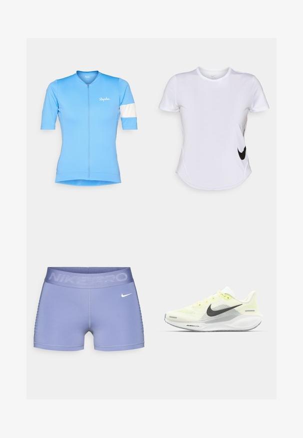 Lichtblauwe fietsjersey met korte mouwen, een rits aan de voorkant en een witte streep op de linker mouw. Heeft het Rapha-logo in het wit.; Witte sportshirt met korte mouwen van gladde stof, met een zwart Nike-logo aan de linkerkant en een gebogen zoom onderaan.; Nike Pro compressie shorts in lichtpaars, met een brede tailleband met "NIKE PRO" tekst, een gladde textuur en een patroonaccent aan de zijkant.; Nike hardloopschoenen met een lichtgele en witte mesh bovenkant, grijze accenten en een flexibele rubberen zool. Voorzien van een vetersluiting.