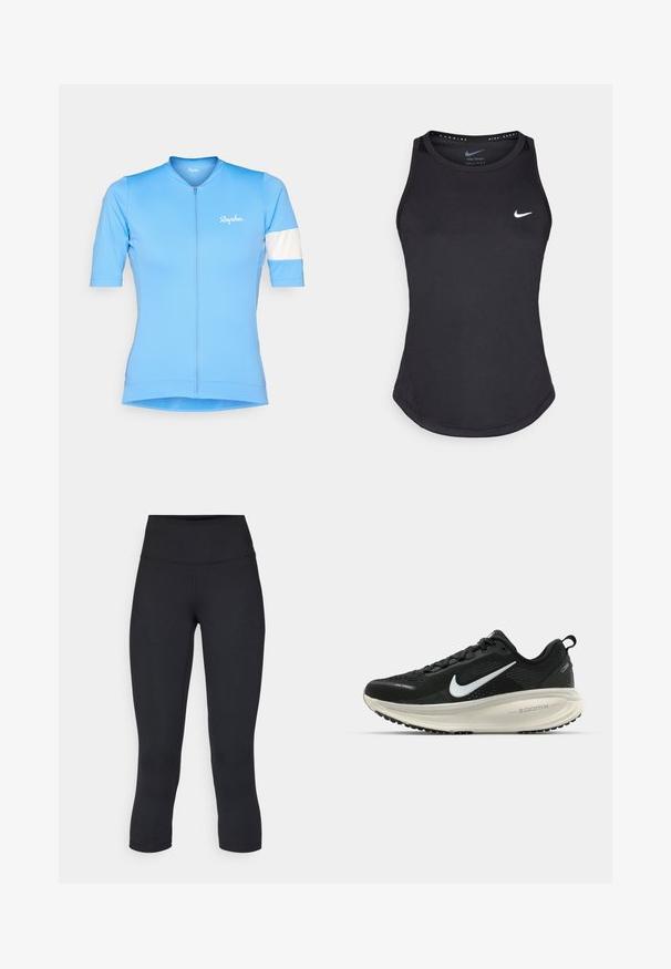 Jasnoniebieska koszulka kolarska z krótkim rękawem, z zamkiem błyskawicznym z przodu i białym paskiem na lewym rękawie. Posiada logo Rapha w kolorze białym.; Czarny sportowy top bez rękawów wykonany z materiału odprowadzającego wilgoć. Posiada okrągły dekolt, dopasowany krój oraz białe logo Nike na piersi.; Czarne, krótkie legginsy wykonane z elastycznego materiału, z wysokim stanem i gładką strukturą, bez widocznych wzorów czy elementów metalowych.; Czarna biegowa półbut z oddychającej siateczki, białym logo swoosh, teksturowanymi detalami oraz kremową podeszwą środkową ZoomX.