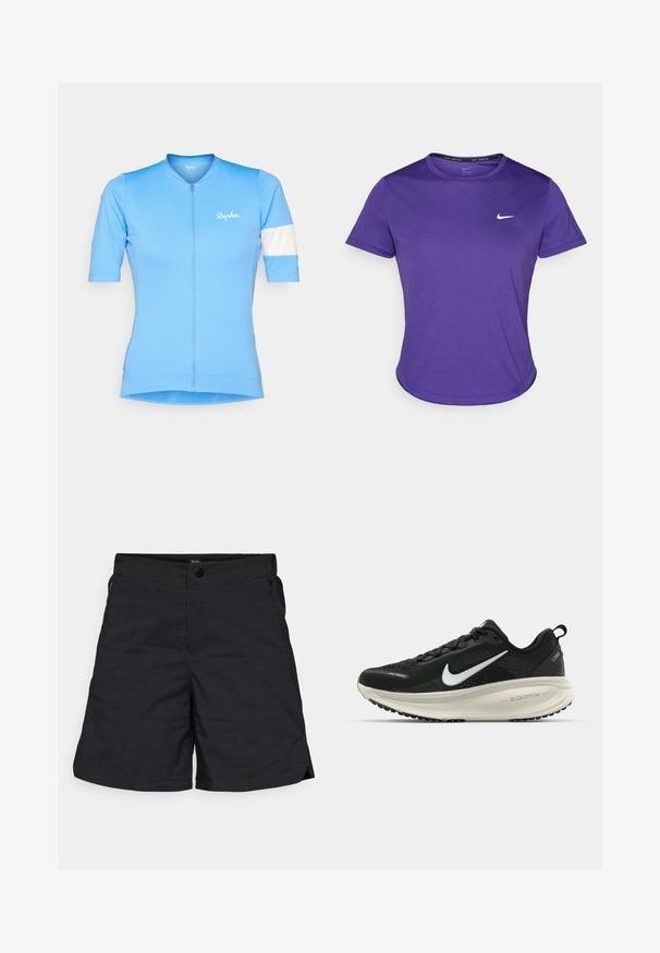 Lys blå sykkeltrøye med korte ermer, glidelås foran og en hvit stripe på venstre arm. Har Rapha-logoen i hvitt.; Lilla treningstrøye laget av fukttransporterende stoff, med kortermet og crew neck. Liten hvit logo på brystet.; Sorte shorts laget av lett materiale, med knappelukking og to sidelommer. Enkel design med rene linjer og minimal detaljer.; Svart Nike løpesko med pustende mesh-overdel, hvit swoosh-logo, teksturert detaljer og en kremfarget ZoomX mellomsåle.