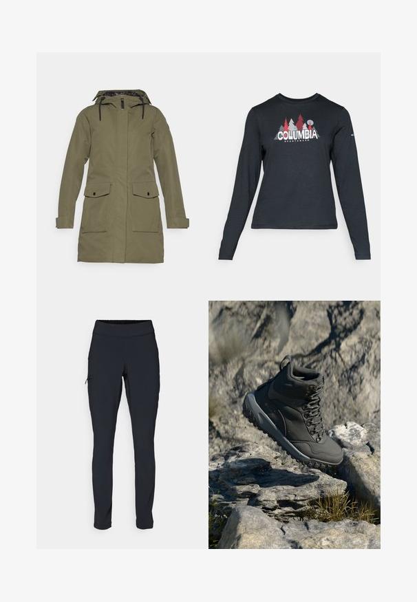Olivenfarget parka-jakke med glidelås foran, justerbar hette, to store frontlommer og svarte detaljer. Glatt, vannavvisende stoff.; Langermet mørkegrå skjorte med grafikk av røde trær og fjell; "COLUMBIA" logo i fet hvit tekst. Mykt stoff, standard rund hals.; Svarte joggebukser med slim fit, elastisk midjebånd og en sidelomme med glidelås. Glatt, elastisk stoff med minimalt med sømmer.; Mørkegrå tursesko laget av syntetisk materiale, med polstret krage, metalløyer og teksturert gummisåle for grep.