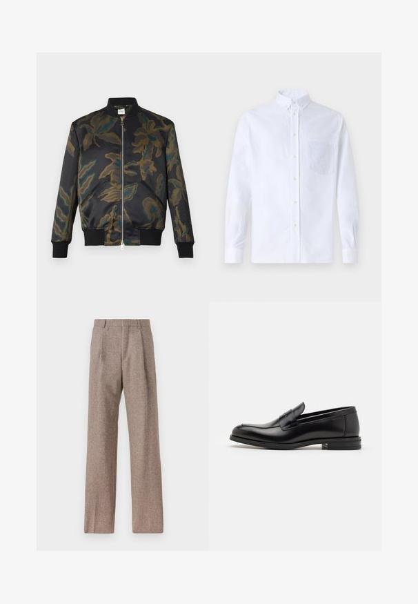 Bomber bunda z čierneho saténu s veľkým kvietkovým maskáčovým vzorom v zelenej a hnedej farbe; má zipsové uzatváranie a ribbované manžety a spodný lem.; Biely dlhý rukáv košeľa s gombíkmi vyrobená z bavlny, s náprsného vrecka s tonálnou výšivkou, golierom a gombíkovými manžetami.; Hnedé, vysoké nohavice vyrobené z texturovanej látky. Majú široké nohavice a dva predné záhyby pre štruktúru. Úhľadné spracovanie bez viditeľného kovania.; Čierne kožené mokasíny s hladkou textúrou, zaoblenou špičkou a dekoračným pásikom cez priehlavok. Nízky vrstvený opätok, minimalistický dizajn.