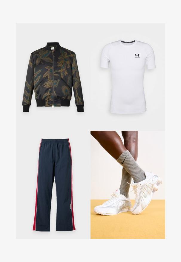 Giacca bomber in raso nero decorata con un motivo floreale camouflage in verde e marrone; presenta polsini e colletto a coste, chiusura frontale con zip.; Maglietta attillata a maniche corte di colore bianco realizzata in tessuto elasticizzato. Presenta un logo nero di Under Armour sul petto e una superficie liscia e texture.; Pantaloni sportivi navy con vita elastica e strisce laterali rosse. Caratterizzati da piping bianco e zip alla caviglia per regolazioni. Materiale leggero.; Sneakers Nike bianchi con accenti argento, caratterizzati da pannelli testurizzati e perforazioni. Abbinati a calze grigie a coste, su uno sfondo giallo.