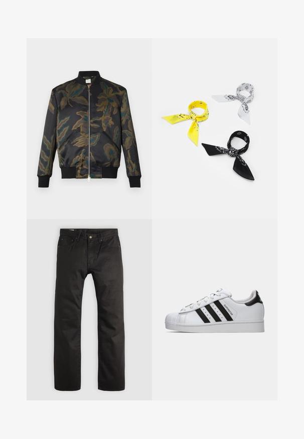 Chaqueta bomber de satén negro decorada con un patrón de camuflaje floral en verdes y marrones; cuenta con puños y cuello acanalados, cierre frontal con cremallera.; Urban Classics TANK - Top - white; Pantalones rectos negros con cierre frontal de botón y cremallera, trabillas para cinturón y diseño de cinco bolsillos sobre un fondo claro.; Zapatilla Adidas Superstar blanca con franjas negras, puntera de concha y texto "Superstar" en el lateral, mostrada en perfil izquierdo sobre fondo blanco.; Tres bandanas: una amarilla con patrones negros, una blanca con diseños negros y una negra con gráficos blancos. Todas son de tela ligera y de forma cuadrada.