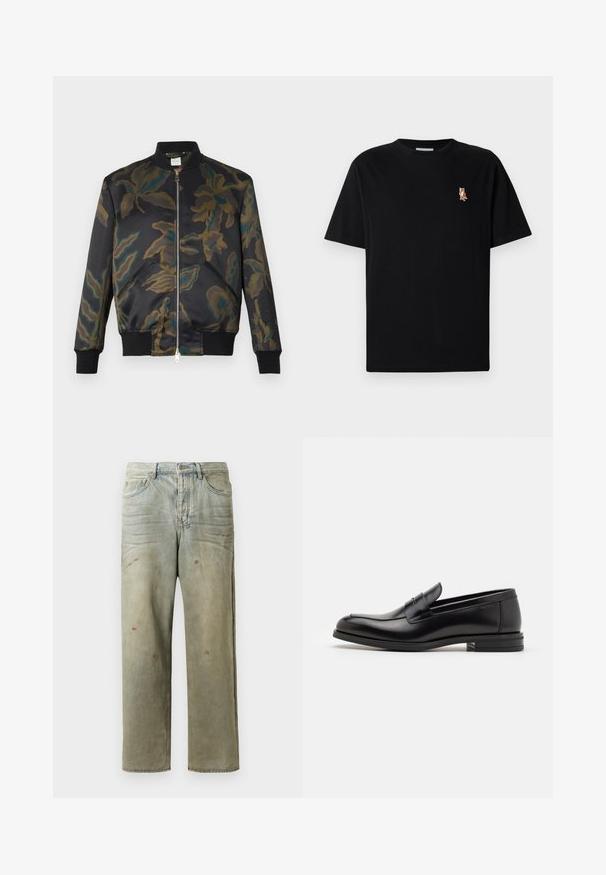 Bomberjack in zwart satijn versierd met een bloemig camouflagepatroon in groen en bruin; heeft ribgebreide boorden en kraag, en een rits aan de voorkant.; Zwarte korte mouwen t-shirt met ronde hals, met een klein geborduurd oranje vossenlogo op de linkerborst.; Verweerde denim jeans in lichtgroen, met een rechte pijp, vijf-pocket ontwerp en ongelijkmatige vervaging met verfspatten.; Zwarte leren instappers met een gladde textuur, ronde neus en een decoratieve band over de wreef. Lage, gestapelde hak en minimalistisch ontwerp.