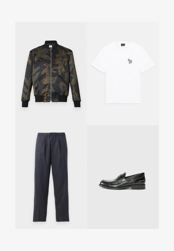 Chaqueta bomber de satén negro decorada con un patrón de camuflaje floral en verdes y marrones; cuenta con puños y cuello acanalados, cierre frontal con cremallera.; Camiseta blanca de manga corta y cuello redondo con un pequeño gráfico de cebra oscura en el lado izquierdo del pecho y una etiqueta negra en el interior del cuello.; Pantalones oscuros de color azul marino, hechos de una tela suave, con un diseño de frente plisado y cintura elástica. Cuentan con un cierre de botón y un corte recto.; Mocasines de piel negra con un diseño elegante, que presentan costuras sutiles y un tacón bajo, exhibidos sobre un fondo blanco liso.