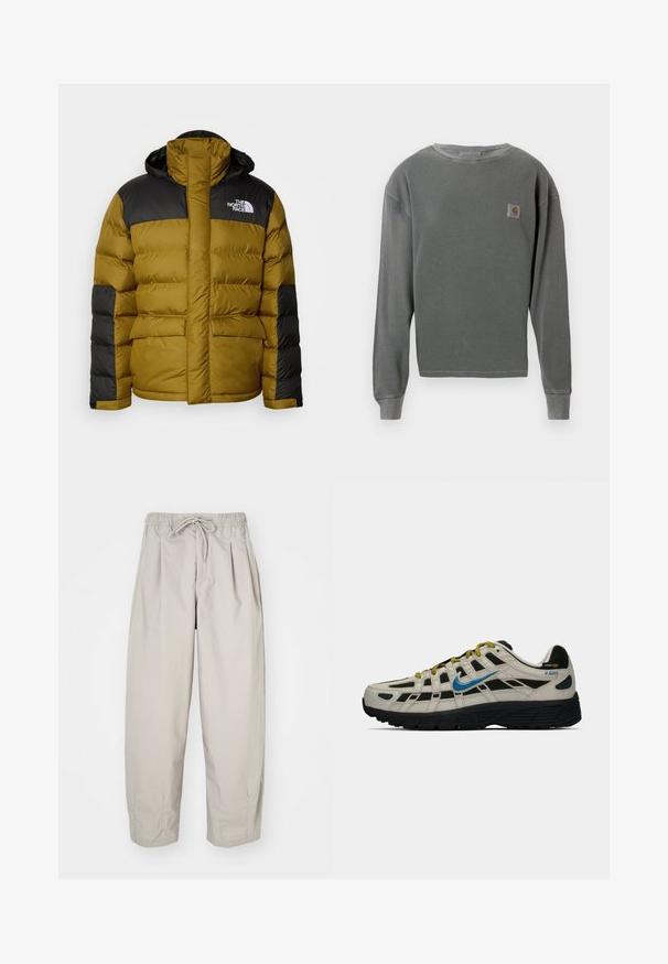 The North Face M LIMBARA INSULATED JACKET - Talvejope - moss green; Hallhunnik, halli pikad varrukad, ümar kaelus, millel on ribakujundus. Vasakul rinnal on väike ruudukujuline logo ja ribakujundusega varrukate otsad.; Beeži, kerged püksid elastse vöökoha ja nööriga. Omavad voldikuid ja laia istuvust, valmistatud pehmest, siledast kangast.; Beige ja must Nike P-6000 tossud sinise swooshi, kollaste paelte, musta tallaga ja Cordura kangast sildiga kontsadel.