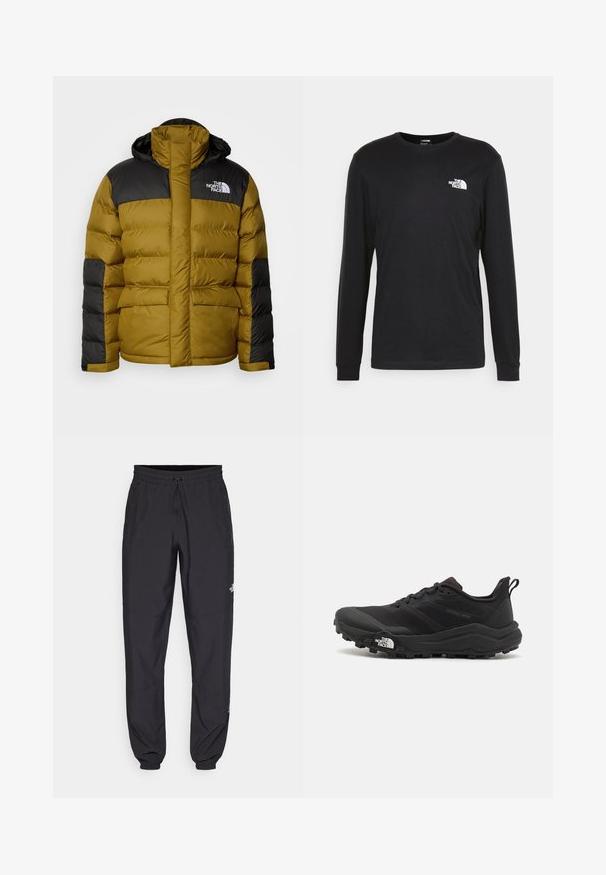 The North Face M LIMBARA INSULATED JACKET - Ziemas jaka - moss green; Melnā garenā piedurkņu T-kreklā, kas izgatavots no kokvilnas, kreklā ir balts logo uz kreisā krūšu laukuma un ribotās aproces. Tam ir gluda tekstūra un apaļa izgriezuma forma.; Melni sporta bikses, kas izgatavotas no viegla auduma, ar savelcamu jostu, sānu kabatām un sašaurinātiem apakšējiem galiem pie potītēm.; Melnas taku skriešanas kurpes ar teksturētu virsu, gumijas zoli un pastiprinātu pirkstu daļu. Aprīkotas ar mīkstu apkakli un vilkšanas cilpu, lai viegli uzvilktu.