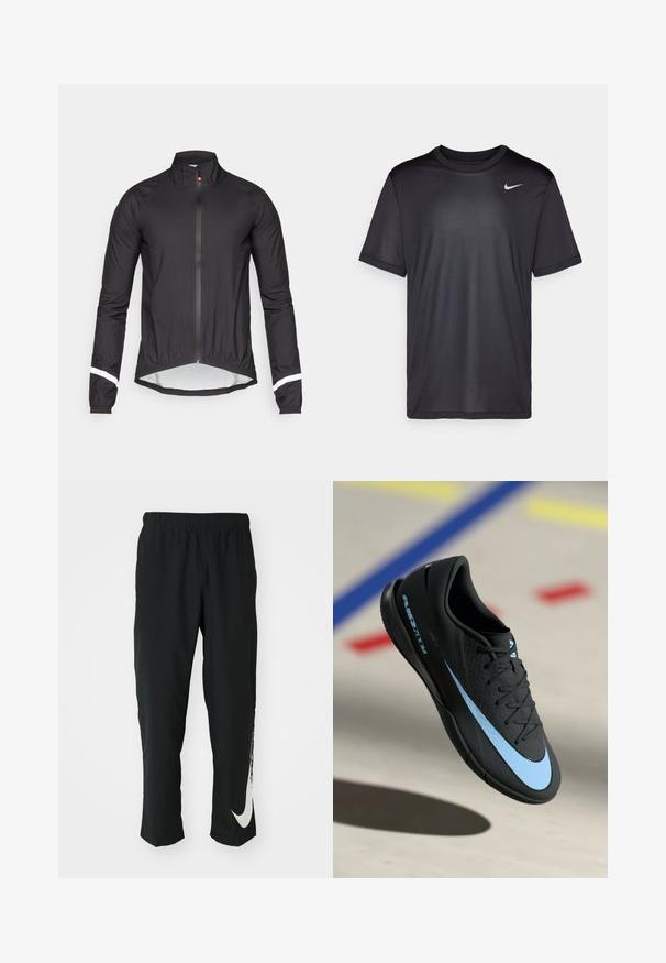 Juodas vėjui atsparus džemperis su ilgomis rankovėmis, aukštu apykakle, pilna priekinė užtrauktuko uždarymo sistema, elastingu juosmeniu ir baltais atspindinčiais akcentais ant rankovių.; Juodas sportinis marškinėliai su trumpomis rankovėmis, apvaliu kaklu, pagaminti iš lygaus audinio. Ant viršutinio kairiojo kampo yra mažas baltas Nike logotipas.; Juodos sportinės kelnės su elastingu juosmeniu, siaurėjančiu dizainu ir dideliu baltu Nike logotipu ant kairiojo kojos. Minkšta, lengva medžiaga.; Juodas sportinis batelis su mėlynomis detalėmis, tekstūruota paviršius, raišteliais užsegamas dizainas ir išskirtinis Nike logotipas. Guminis padas su sukibimo raštais.