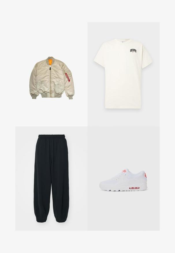 Beige bomber dzseki elülső cipzárral, bordázott mandzsettákkal és derékrésszel. Narancssárga béléssel és piros címkével a bal ujján.; Krém színű pamut póló rövid ujjakkal, fekete és piros "NIKE SB" felirattal a mellkasán. Standard kerek nyakkivágással.; Fekete, rugalmas derékpántos melegítőnadrág, laza fit, véget érő szárakkal, sima textúrával, látható minták vagy hardver díszek nélkül.; Fehér sportcipő, sima felsőrésszel, fűzős zárással, párnázott talppal és látható légpárnával, piros részletekkel a logón.