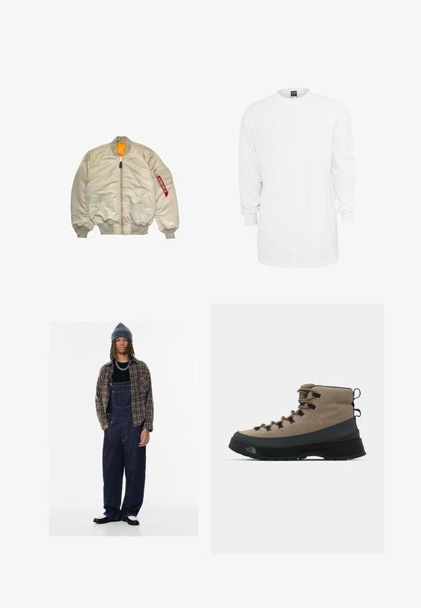 Bež jakna bomber s prednjim zatvaračem, rebrastim manžetama i pojasom. Ima narančastu podlogu i crvenu oznaku na lijevom rukavu.; Duge rukave bijela pamučna majica s okruglim izrezom, slobodnog kroja i rebrastim manžetama. Jednostavan dizajn, bez grafika ili uzoraka.; Tamne traperice u tamnoplavoj boji s bočnim džepovima, nosene s crnom majicom i smešanim kariranim košuljom. Siva pletena kapa i kontrastne cipele.; Smeđe i crne planinarske cipele s vezanjem, izdržljivim gornjim materijalom i teksturiranom potplatom za prionjenje na različitim terenima.