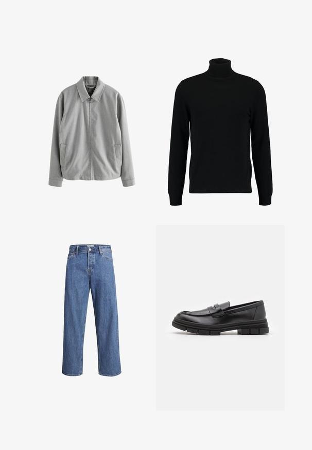 Harmaa vetoketjuhuppari, jossa on terävä kaulus, kaksi sivutaskua ja sileä pinta. Valmistettu kevyestä kankaasta, jossa on hienovarainen kudontamalli.; Mustat poolokauluspusero, joka on valmistettu pehmeästä neulomateriaalista. Siinä on pitkät hihat, ribbireunus kauluksessa ja helmassa. Yksinkertainen, tyylikäs muotoilu ilman kuvioita.; Vaaleansiniset farkut, joissa on suora lahje, korkea vyötärö ja minimaliset ompeluyksityiskohdat. Kangas on pehmeä ja hieman haalistunut.; Mustat nahkaa olevat loaferit, joissa on sileä pinta, varustettuna edessä olevalla hihnalla ja paksulla kumipohjalla, jossa on uritettua muotoilua.