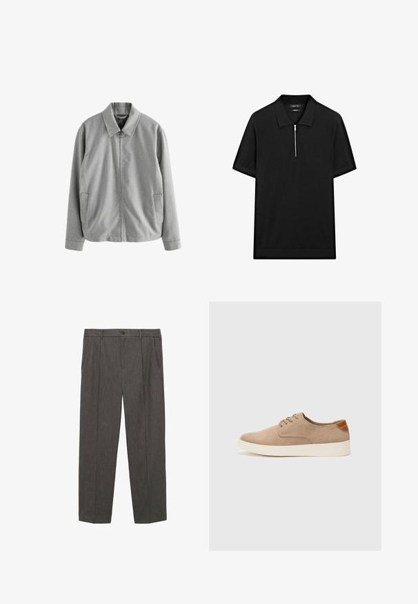 Giacca grigia con zip e colletto a punta, due tasche laterali e una texture liscia. Realizzata in un tessuto leggero con un sottile motivo a trama.; Polo shirt nero a maniche corte con colletto rialzato e zip frontale. Realizzato in un tessuto liscio con un design pulito e minimalista.; Pantaloni grigi su misura realizzati in tessuto testurizzato. Presentano una chiusura con bottone, due tasche frontali e un taglio dritto.; Sneaker in suede beige con punta arrotondata, stringhe davanti e un accento testurizzato sul retro. La suola in gomma bianca offre un contrasto. Design semplice e moderno.