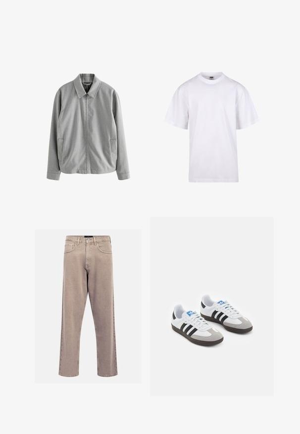 Pilkas užtrauktukas švarkas su smailiu apykakle, dviem šoninėmis kišenėmis ir lygia tekstūra. Pagamintas iš lengvos medžiagos su subtiliu audimo raštu.; Balta medvilnės marškinėliai su apvaliu iškirpimu, trumpomis rankovėmis ir laisvu siluetu. Turi paprastą dizainą be raštų ar akcentų.; Bežinės tiesių kojų džinsai, pagaminti iš džinsinio audinio, su klasikinio penkių kišenių dizainu, siuvinėjimo akcentais ir tvarkingai apdirptu kraštu.; Sportiniai batai su balta odine viršutine dalimi, pilku zomšiniu priekiu ir trimis juodomis juostelėmis. Ant liežuvio yra mėlynas logotipas, o padas pagamintas iš tekstūruoto gumos.