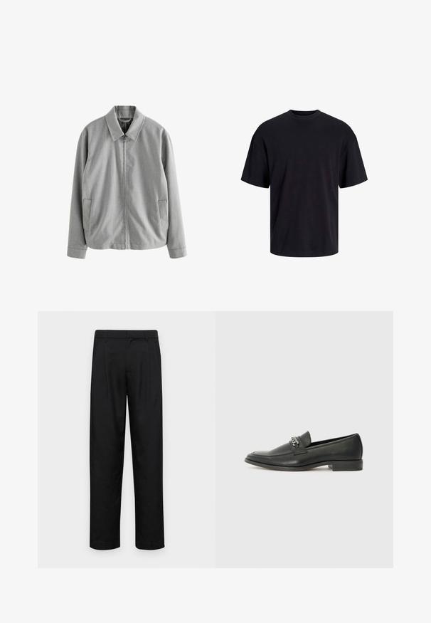 Grau Zip-up-Jacke mit einem spitzen Kragen, zwei seitlichen Taschen und einer glatten Textur. Hergestellt aus einem leichten Stoff mit einem subtilen Webmuster.; Schwarzes Baumwoll-T-Shirt mit Rundhalsausschnitt, kurzen Ärmeln und lässiger Passform. Glatte Oberflächenstruktur und keine sichtbaren Muster oder Akzente.; Schwarze Hose aus glattem Stoff, mit geradem Bein Design, zwei vorderen Falten und einem Standardbund mit Gürtelschlaufen.; Schwarzer Lederloafer mit glatter Oberfläche, ausgestattet mit einer gesteppten Gestaltung und einem dekorativen Metallkettendetail über dem Vorderblatt. Flacher Absatz.