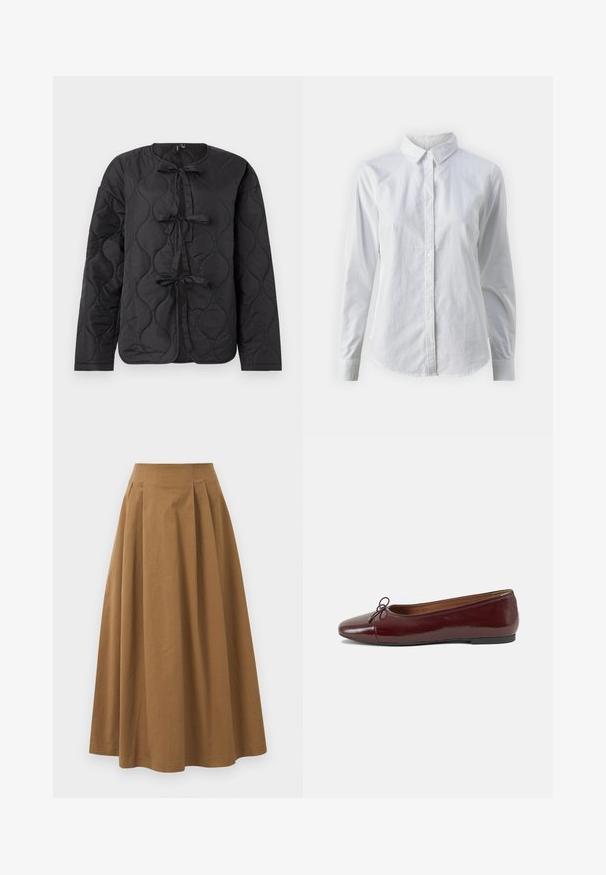 Melnā adīta jaka ar garām piedurknēm, ar apaļu kakla izgriezumu un trim dekoratīvām lentēm gar priekšpusi. Gluda, nedaudz spīdīga tekstūra.; Balta pogājamā krekla augšdaļa, izgatavota no gluda kokvilnas, ar klasisku apkakli, garām piedurknēm un izliekto apakšmalu. Pogas ir mazas un baltas.; Brūna kokvilnas A formas svārki ar augstu jostasvietu, kurai priekšā ir krokas un gluda tekstūra. Apakšmala ir tīra un vienkārša.; Burgundijas laku ādas baleta kurpes ar noapaļotu purngalu, nelielu loku akcentu priekšā un zemu melnu gumijas zoli. Gluda tekstūra.