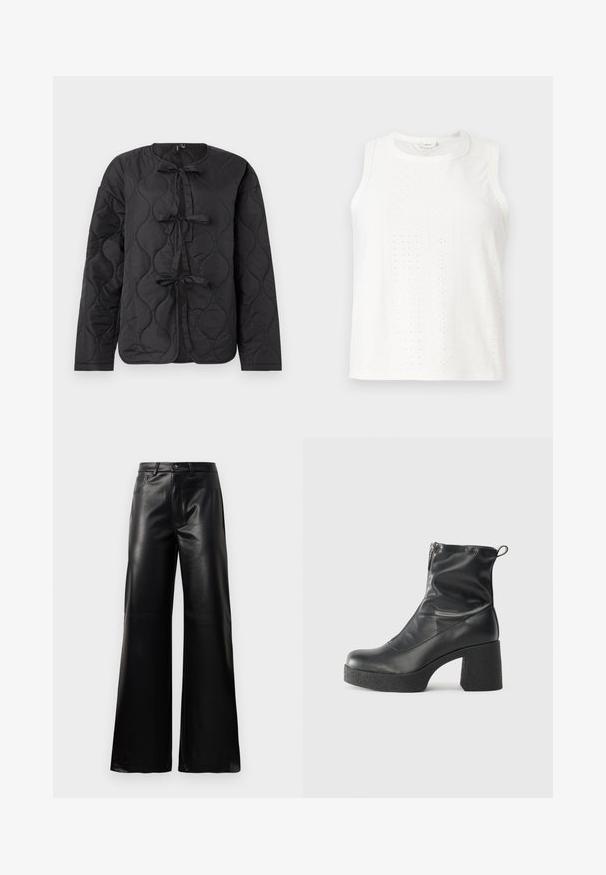 Casaco preto acolchoado com mangas longas, apresentando um decote redondo e três laços decorativos na frente. Textura lisa e ligeiramente brilhante.; Top branco sem mangas com padrões de ilhós, gola redonda e corte reto. Feito de um tecido leve com uma textura suave.; Calças largas de imitação de couro pretas, de cintura alta, com botão frontal, fecho de correr, passadores de cinto e bolsos laterais sobre fundo branco.; Botas de tornozelo pretas feitas de couro liso, com fecho lateral, salto grosso texturizado e design de bico arredondado.