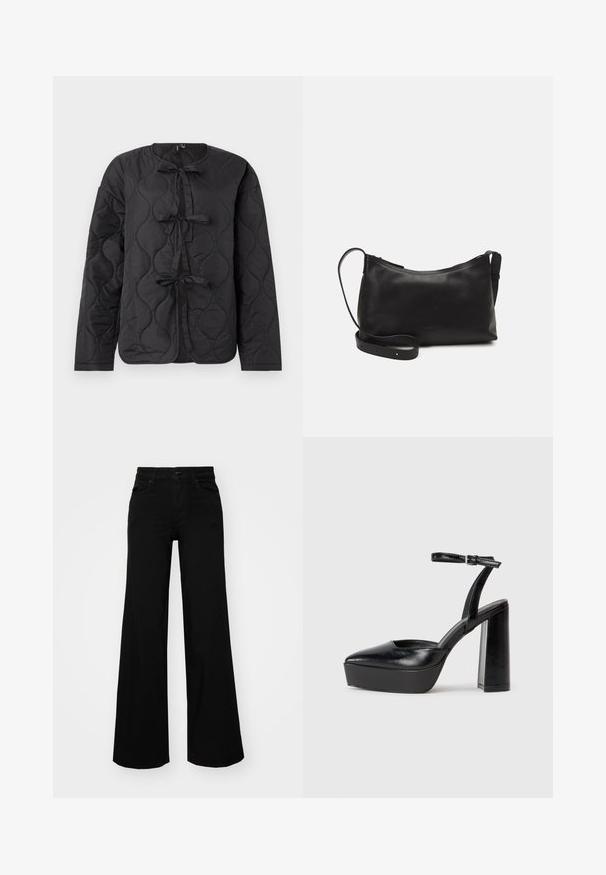 Crni kviltani kaput s dugim rukavima, s okruglim izrezom i tri dekorativne mašne sprijeda. Glatka, blago sjajna tekstura.; Tamnoslijeđi skraćeni pleteni pulover s rebrastom teksturom, kratkim širokim rukavima i okruglim izrezom. Jednostavan dizajn, bez vidljivih uzoraka ili naglasaka.; Crne široke traperice s čvrstim pojasom, petljama za remen i prednjim džepovima. Gladak teksturirani materijal s klasičnim dizajnom.; Crne platforme s potpeticom s oštrim vrhom i podešivom naramenicom. Izrađene od glatke kože, s masivnom blok petom.; Crna kožna torba na rame s glatkom teksturom, zakrivljenim oblikom, podesivim remenom i zatvaranjem na patentni zatvarač. Minimalistički dizajn bez ukrasa.