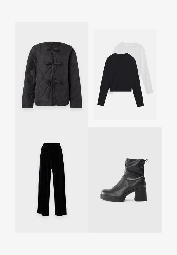 Svart quilted jakke med lange ermer, med rund hals og tre dekorative sløyfer foran. Glatt, lett skinnende tekstur.; To lange ermerte skjorter: en svart og en hvit. Begge har rund hals, raglanermer og er laget av en myk bomullsblanding.; Sorte vide bukser laget av myk vernet, med elastisk midjebånd og en jevn tekstur, uten synlige detaljer eller mønstre.; Svarte ankelstøvler laget av glatt lær, med glidelås på siden, chunky strukturert hæl, og rund tå-design.