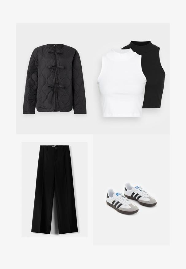Czarna pikowana kurtka z długimi rękawami, z okrągłym dekoltem i trzema dekoracyjnymi kokardkami na przodzie. Gładka, lekko błyszcząca tekstura.; Dwa bezrękawnikowe golfy w kolorze czarnym i białym, charakteryzujące się dopasowanym fasonem i gładką teksturą, o skróconej długości.; Czarne spodnie szerokie, wykonane z lekkiego materiału, z zapięciem na guzik z przodu i gładkim przodem, z starannie wykończonymi brzegami.; Buty sportowe z białą skórzaną cholewką, szarym zamszowym noskiem i trzema czarnymi paskami. Posiadają niebieskie logo na języku oraz teksturowaną gumową podeszwę.