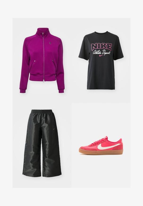 Nike Performance HERITAGE JACKET - Sportinė striukė - sangria; Juodas medvilninis marškinėliai su rožiniu ir baltu grafiniu spaudiniu, kuriame yra tekstas "JUST DO IT", "NIKE" ir "Sporto skyrius". Standartinis pjūvis.; Juodi sportiniai džinsai su blizgia, lygaus audinio medžiaga, turintys elastingą juosmenį, plačias kojų dalis ir mažą logotipą kairėje pusėje.; Rožiniai sportbačiai su lygiu sintetinės medžiagos paviršiumi, balta Swoosh logotipu ir guminiais padais. Yra apvalios raišteliai ir paminkštintas apykaklė patogumui.