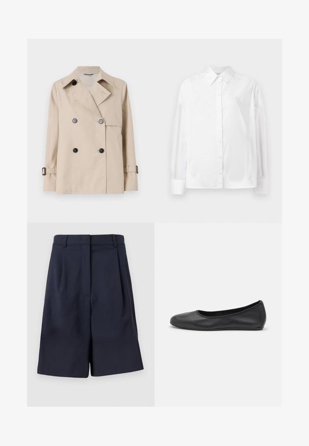 WEEKEND MaxMara BIGLIA - Välikausitakki - ice; Valkea pitkähihainen nappipaita sileästä puuvillasekoitteesta. Sisältää klassisen kauluksen, etunappisulun ja pyöristetyt hihansuut.; Tummansininen räätälöity lyhythousut, jotka on valmistettu sileästä kankaasta, korkea vyötärö, edessä laskokset ja sivutaskut. Siisti, rakenteellinen siluetti.; Musta nahkainen ballerina, jossa on pyöristetty kärki, sileä pinta, minimaalinen ommelkoristelu ja joustava pohjamuotoilu.