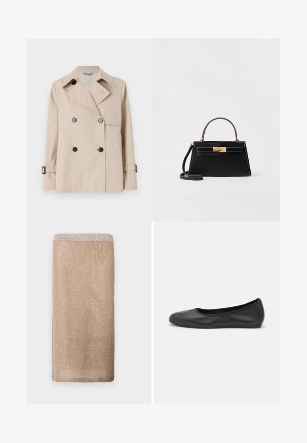 WEEKEND MaxMara BIGLIA - Ľahká bunda - ice; Biela košeľa s dlhým rukávom a golierom vyrobená z bavlny. Má zapínanie na gombíky vpredu a jednu náprsníku vrecko. Hladká textúra, voľný strih.; Béžový pletený šál s jemným leskom, textúrovaným povrchom a svetlejším okrajem na hornej strane. Obdĺžnikový tvar.; Čierne kožené baleríny s okrúhlou špičkou, hladkým povrchom, minimálnym prešívaním a flexibilným dizajnom podrážky.; Čierna kožená kabelka so štruktúrovaným trapezoidným tvarom, zlatým kovovým uzáverom a kontrastným bielym prešívaním. Obsahuje krátku rúčku a dlhý remienok.