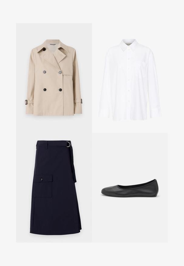 WEEKEND MaxMara BIGLIA nude; Biała, długosleeve'owa koszula z kołnierzykiem, wykonana z bawełny. Posiada zapięcie na guziki z przodu oraz jedną kieszeń na piersi. Gładka tekstura, luźny krój.; Granatowa spódnica o strukturalnym kroju, z boczną kieszenią cargo i metalową ozdobą w kształcie D. Wykonana z trwałego materiału.; Czarne skórzane baletki z zaokrąglonym noskiem, gładką fakturą, minimalnymi przeszyciami i elastycznym designem podeszwy.