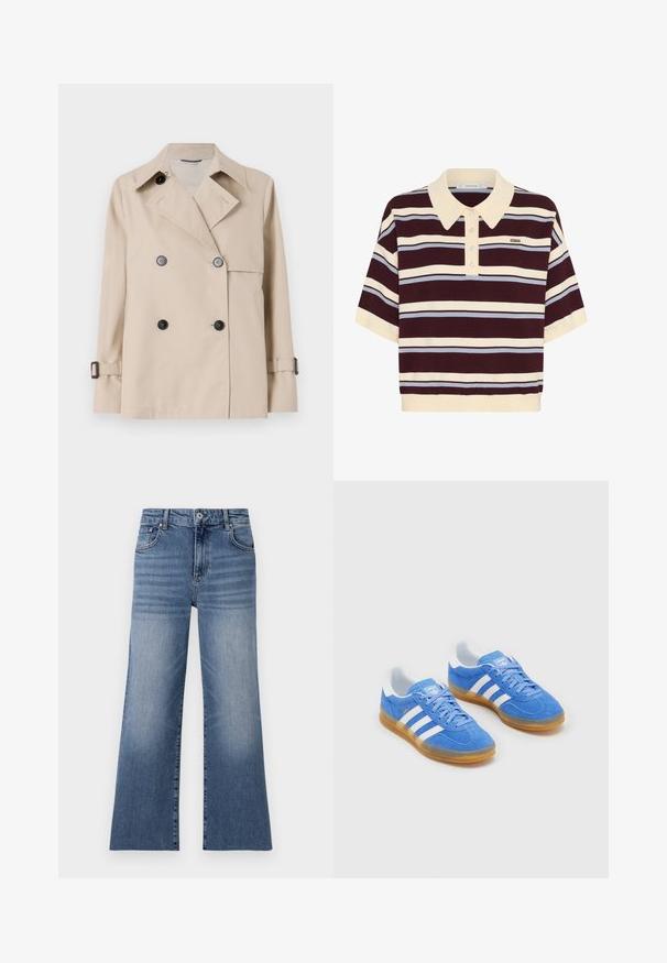 WEEKEND MaxMara BIGLIA - Overgangsjakke - ice; Kortærmet polo-shirt i mørkerød og creme striber med lyseblå accenter, der har krave og knaplukning. Blødt strikket stof.; Lyseblå denimwide-leg jeans med høj talje, der har forlommer, knaplukning og et falmet mønster på benene.; Blå ruskinds sportsko med hvide stribede detaljer, gummisål og polstret krave for komfort. Har klassisk snørebåndsdesign.