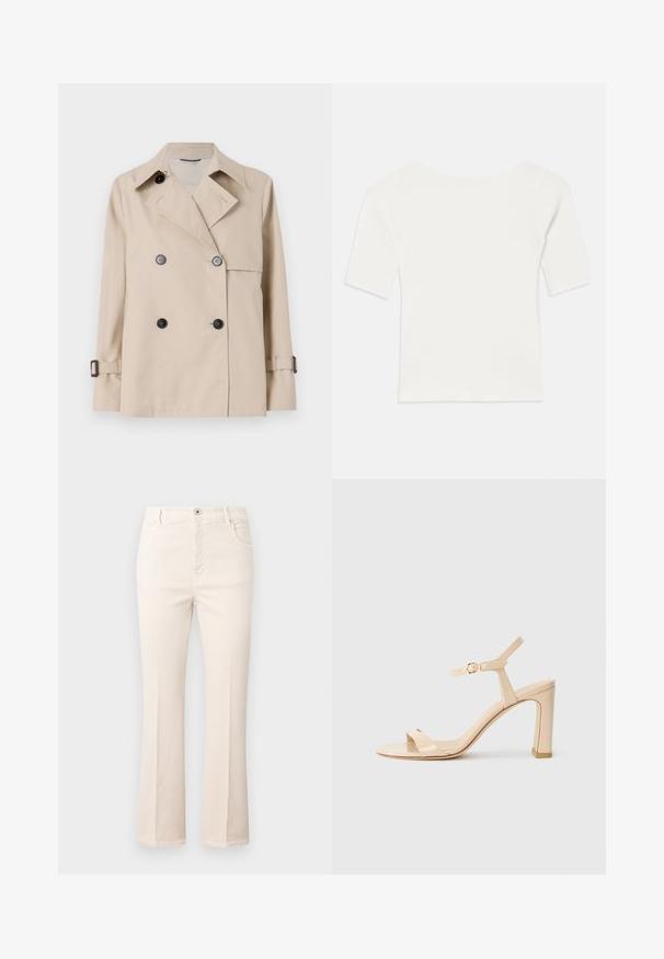 WEEKEND MaxMara BIGLIA - Ελαφρύ μπουφάν - ice; Λευκή ριγέ μπλούζα κοντομάνικη με φαρδύ ντεκολτέ. Η υφή διαθέτει κατακόρυφες ρίγες, τονίζοντας τη σφιχτή εφαρμογή και τον απλό σχεδιασμό.; Άνετα τζιν σε μπεζ χρώμα με φαρδύ σχεδιασμό, κατασκευασμένα από βαμβάκι, που διαθέτουν ψηλή μέση, πέντε τσέπες, κλείσιμο με κουμπί και διακριτές ραφές.; Μπέζ τακούνι σανδάλι με λουράκι στον αστράγαλο και χρυσό κούμπωμα, ανοιχτό στο νύχι, και κοντό τακούνι σε λευκό φόντο.