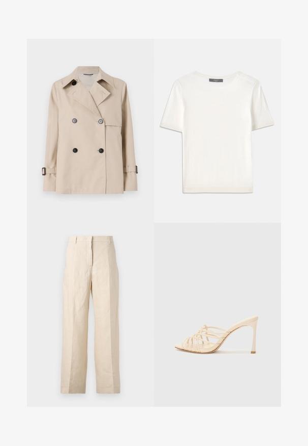 WEEKEND MaxMara BIGLIA - Jachetă subțire - ice; Top tricotat alb cu mânecă scurtă, cu decolteu rotund, având o textură netedă și accente subtile cu nervuri la mâneci și la margine.; Pantaloni din in bej cu croială lejeră, cu față pliată și picioare drepte. Prezintă un brâu cu bucle pentru curea și fără buzunare vizibile.; Mule cu toc înalt bej, cu un design cu bretele. Dispune de un vârf pătrat, o textură netedă și un toc subțire cu un accent auriu la bază.